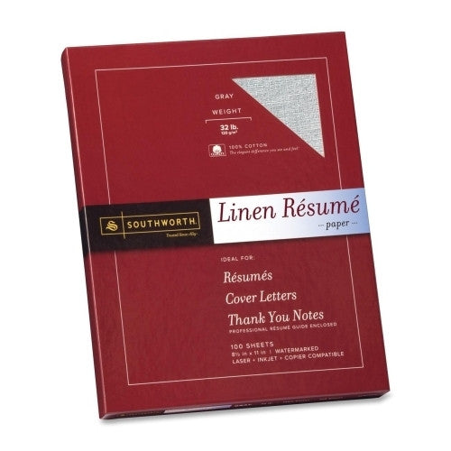 Southworth Company Resume Paper, Linen, 32 lb, 8-1/2"x11", 100/BX, Gray