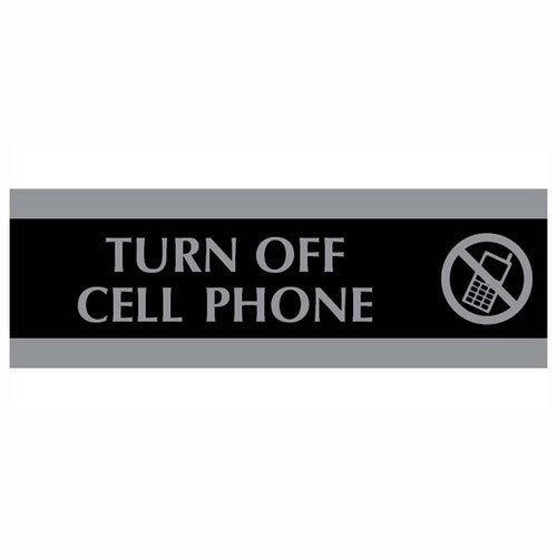 U.S. Stamp & Sign Turn Off Cell Phone Sign, 3"x9", Silver on Black