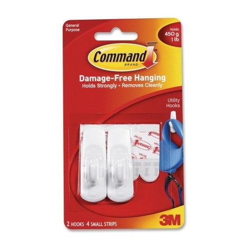 3M Commercial Office Supply Div. Command Hooks, Small, 1lb. Capacity, 2 Hooks/4 Strips