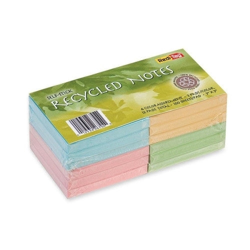 Redi-Tag Corporation Recycled Notes,Self-stick,100 SH/PD,3"x3,12/PK,Assorted