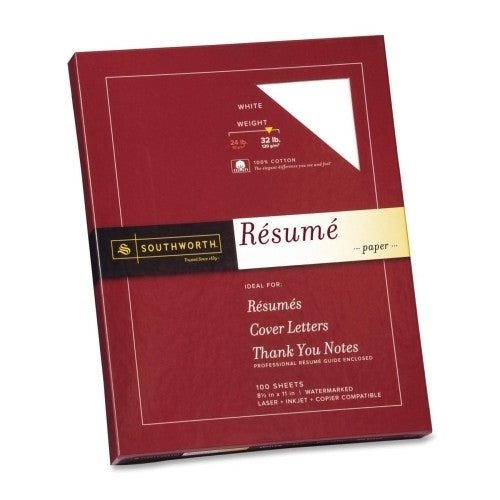 Southworth Company Resume Paper, Wove 32 lb, 8-1/2"x11", 100/BX, White