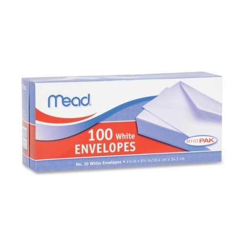 Mead Plain Envelopes, Gummed, No 10, 100/BX, White