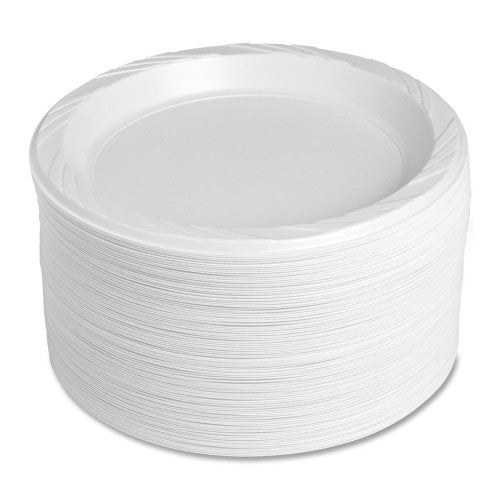 Genuine Joe 9" Plastic Round Plates, Reusable/Disposable, 125/PK, White