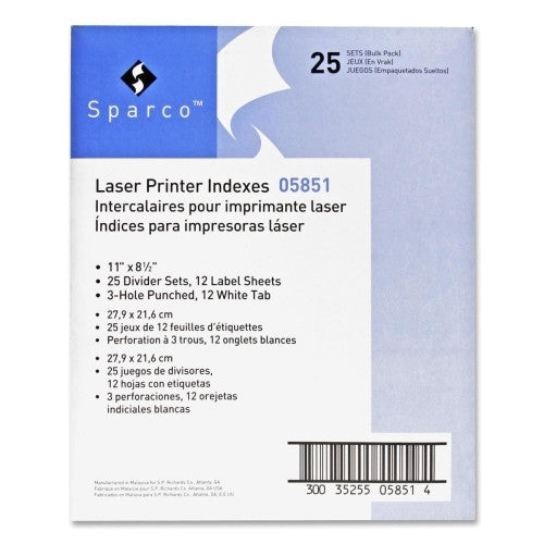 Sparco Products Laser Printer Indexes, Punched, 12-Tab, 25 ST/PK, White