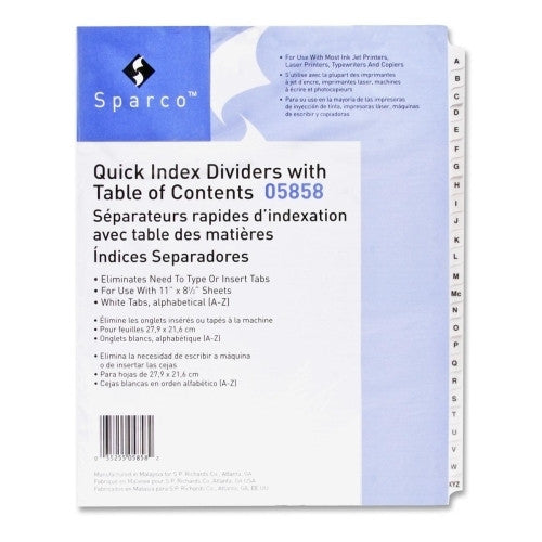 Sparco Products Index Dividers,w/ Table of Contents, A-Z, 12/ST, White