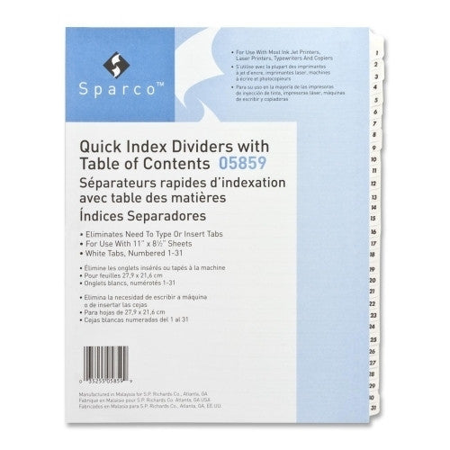 Sparco Products Index Dividers,w/Table of Contents,31-Tab,1-31,White