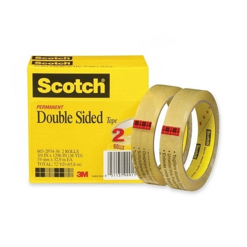 3M Commercial Office Supply Div. Double-sided Tape, 3"Core, 3/4"x1296, 2/PK, Clear