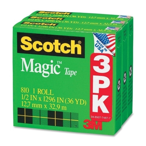 3M Commercial Office Supply Div. Magic Tape, 1" Core, 1/2"x1296", 3/PK, Transparent