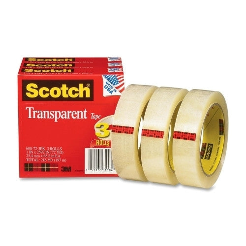 3M Commercial Office Supply Div. Transparent Tape, 3" Core, 1"x2592", 3/PK