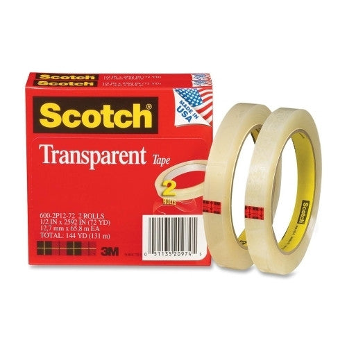 3M Commercial Office Supply Div. Transparent Tape, 3" Core, 1/2"x2592", 2/PK