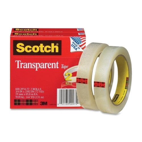 3M Commercial Office Supply Div. Transparent Tape, 3" Core, 3/4"x2592", 2/PK