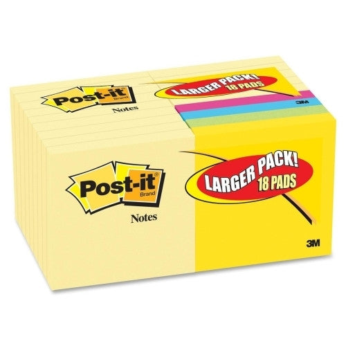 3M Commercial Office Supply Div. Post-it Notes, 90 Sheets/Pads, 3"x3", 18/PK, Assorted