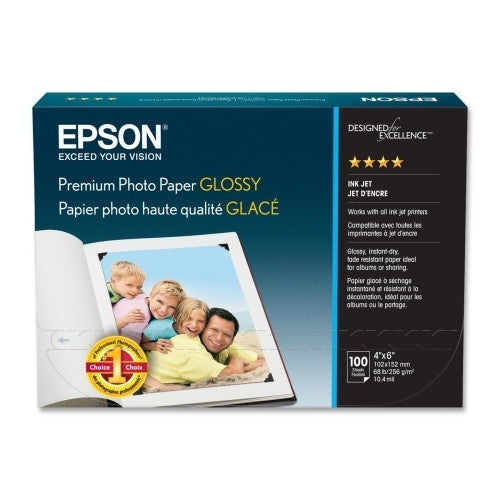 Epson America Inc. Glossy Photo Paper,68lb,10.4mil,Borderless,4"x6",100/PK,WE