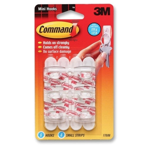 3M Commercial Office Supply Div. Command Hooks, Mini , 1/2lb. Capacity, 6 Hooks/8 Strips