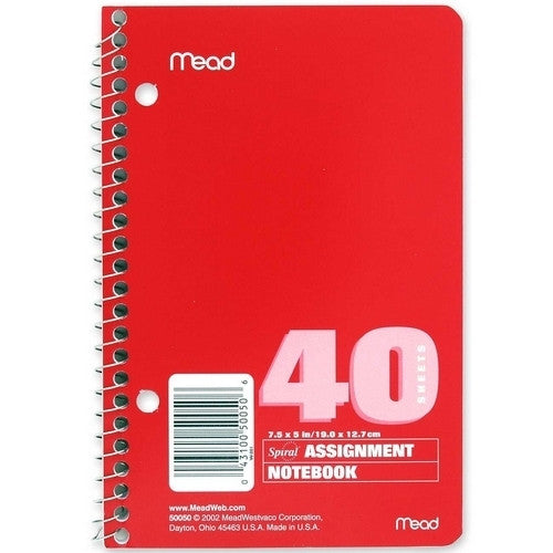 Mead Assignment Book,Spiralbound,2HP,7-1/2"x5",40 Sheets,Assorted