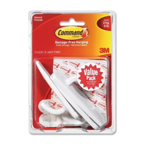 3M Commercial Office Supply Div. Utility Hooks, w/ 6 Adhesive Strips, Large, 3/PK, White