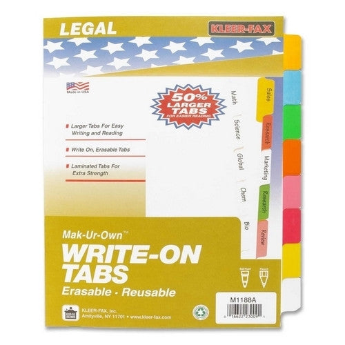 Kleer-Fax, Inc. Write-On Tabs,Erasable,Reusable,3HP,8-Tabs,11"x8-1/2",Asst.