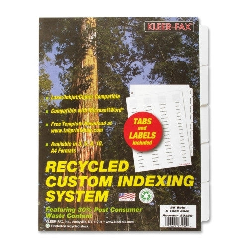 Kleer-Fax, Inc. Index Dividers,Laser/Inkjet,Unpunched,5-Tab,25 Sets/PK,White