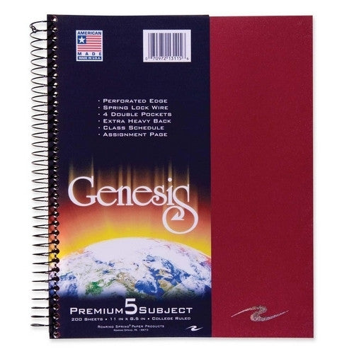 Roaring Spring Paper Products Wirebound Notebook,5-Sub,College Ruled,200/Shts,9"x11",Asst.