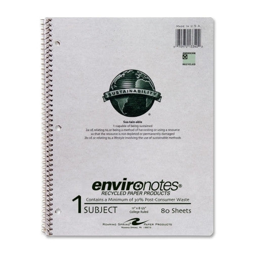 Roaring Spring Paper Products Notebook Paper, 1-Sub, College Ruled, 80/Shts, 11"x8-1/2",GY