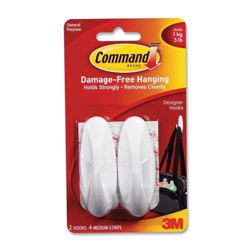 3M Commercial Office Supply Div. Hooks w/ Adhesive Strips, Med Design, Holds 3lbs, 2/PK, WE