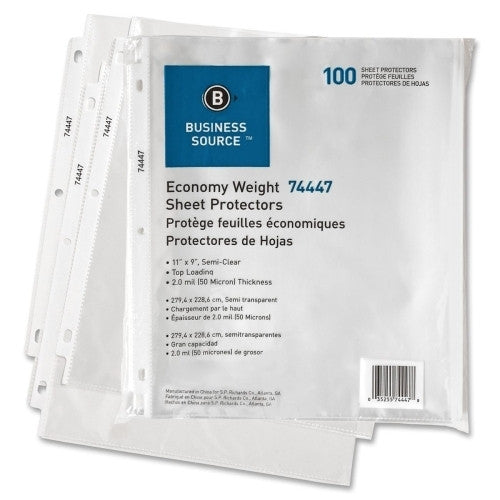 Business Source Sheet Protectors,Top Load,3HP,2.0mil,11"x8-1/2",100/PK,Clear