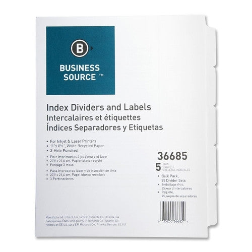 Business Source Index Dividers, 3HP, Reinforced, 5-Tab, 25 ST/PK, White