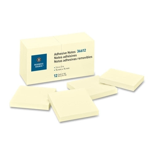 Business Source Adhesive Notes, 100 Sheets, 3"x3", 12/PK, Yellow