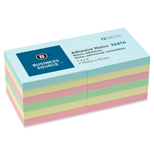 Business Source Repositionable Notes, Adhes, 3"x3", 100Shts/PD, 18/PK, AST