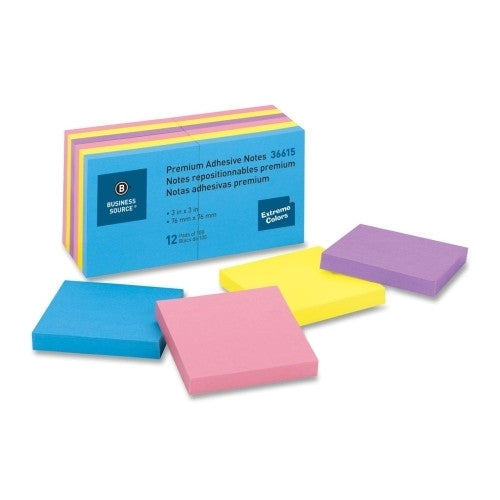 Business Source Adhesive Notes, 100 Sheets, 3"x3", 12/PK, Assorted Extreme