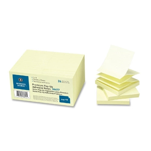 Business Source Adhesive Note Pads,Pop-up,3"x3",100 Sh,24/PK,Yellow