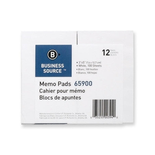 Business Source Memo Pad, Unruled, 15lb., 3"x5", 100 Sheets, White