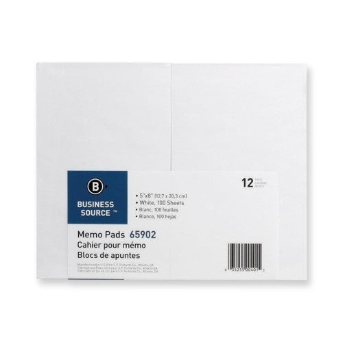 Business Source Memo Pad, Unruled, 15lb., 5"x8", 100 Sheets, White