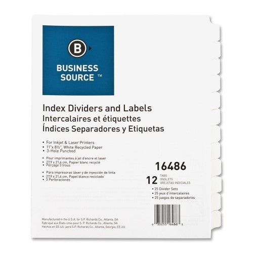 Business Source Index Dividers, 3HP, 12-Tab, 25 Sets/BX, White