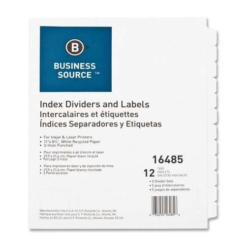 Business Source Index Dividers, 3HP, 12-Tab, 5 Sets/BX, White