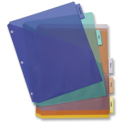 Business Source Poly Index Dividers, Double Pocket, 5-Tab, 8-1/2"x11", Multi