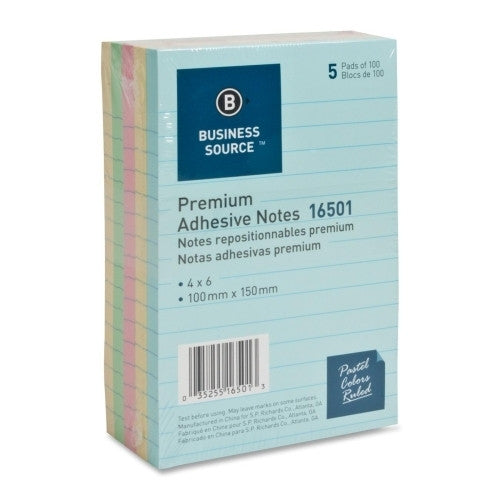 Business Source Adhesive Notes, Ruled, 4"x6", 100 Sh/PD, 5/PK, Pastel