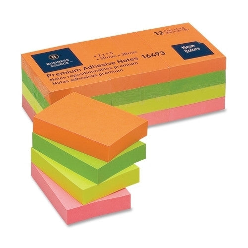 Business Source Adhesive Notes,Plain,1-1/2"x2",100 Sh/PD,12PD/PK,Neon