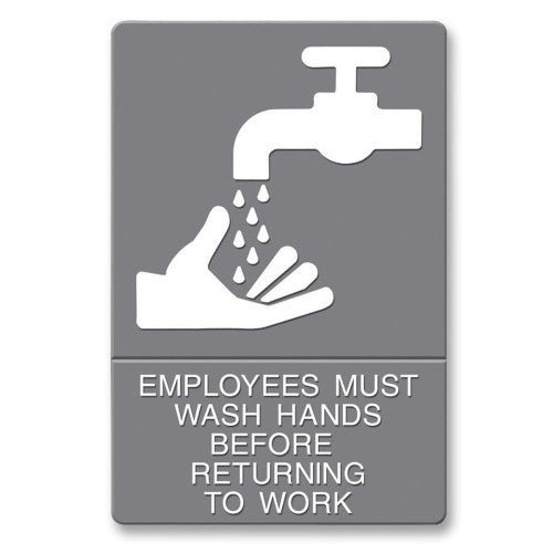 U.S. Stamp & Sign ADA Sign, "Wash Hands", Adhesive, 6"x9", White/Gray