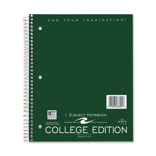 Roaring Spring Paper Products Notebook, 1-Subject, College Ruled, 11"x9", 70 Shts/Ct, Ast