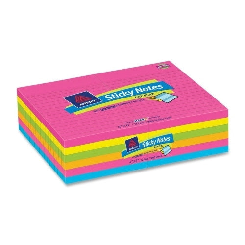 Avery Consumer Products Layflat Sticky-Notes, 4"x6", Ruled, 12PD/PK, Assorted