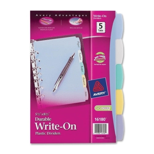 Avery Consumer Products Write On Dividers,Plastic,5-Tabs,7HP,8-1/2"x5-1/2",Multi