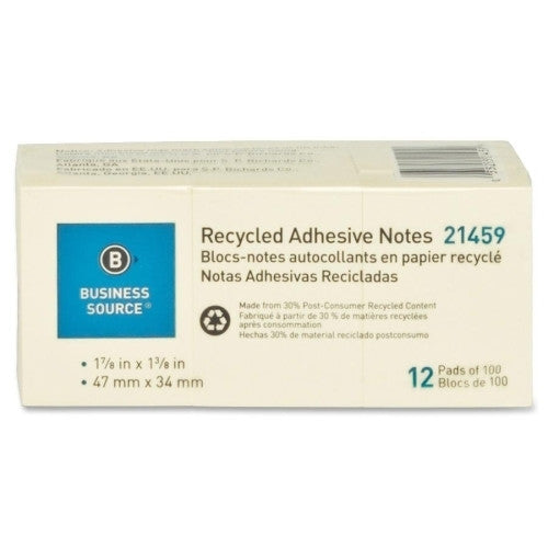 Business Source Recycled Notes, 1"x2-1/2", 12/PK, Yellow