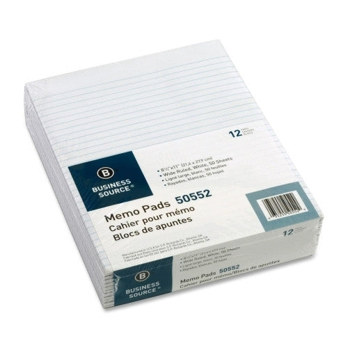 Business Source Memorandum Pads, 8-1/2"x11",Wide Ruled, 50Shts/PD, White