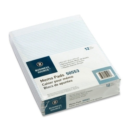 Business Source Memorandum pads, 8-1/2"x11",Narrow Ruled, 50 Shts/PD, White