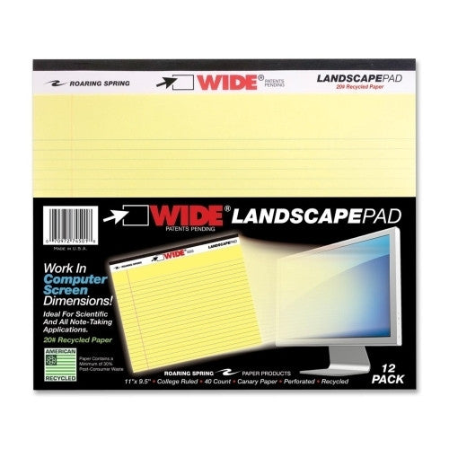 Roaring Spring Paper Products Wide Landscape Pads, 40 Shts, 11"x9-1/2", Canary