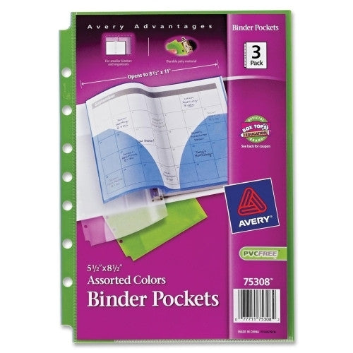 Avery Consumer Products Binder Pocket, 8-1/2"x5-1/2", Foldout, 3/PK, Assorted