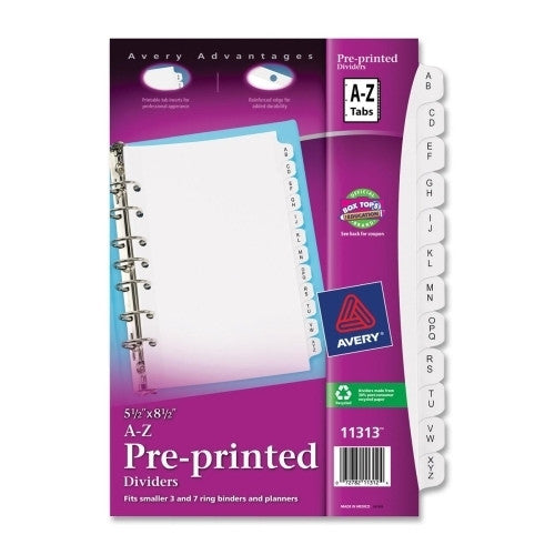 Avery Consumer Products Pre-Printed Dividers, w/7 Holes, A-Z, 8-1/2"x5-1/2", White