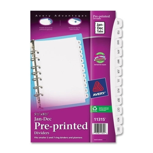 Avery Consumer Products Monthly Tab Dividers, 7-Hole Punched, Jan-Dec, 12/PK, WE