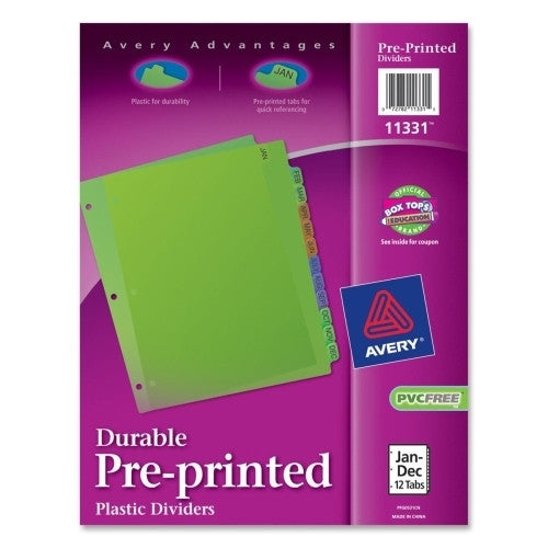 Avery Consumer Products Plastic Dividers, Pre-Printed,12 Tabs,Jan-Dec,8-1/2"x11,AST